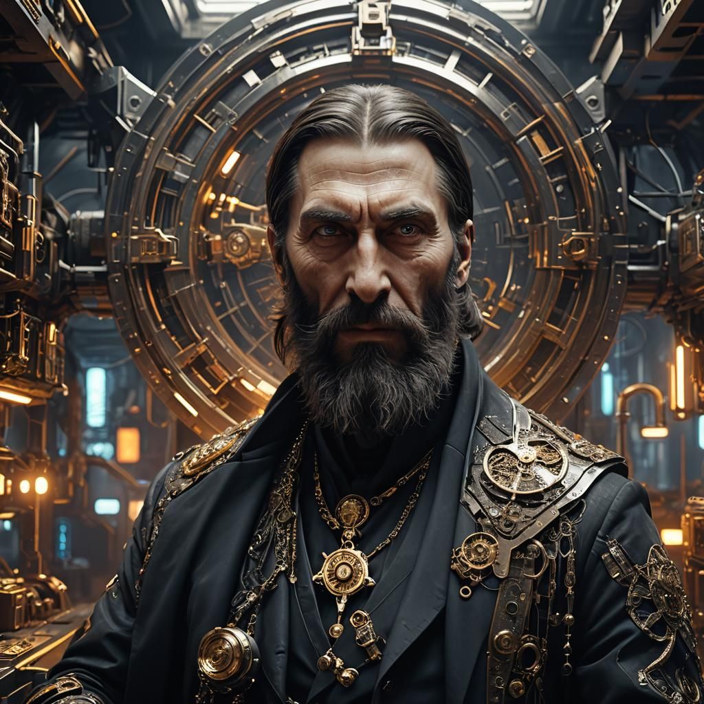 Futuristic Rasputin Portrait with Intricate Mech Details