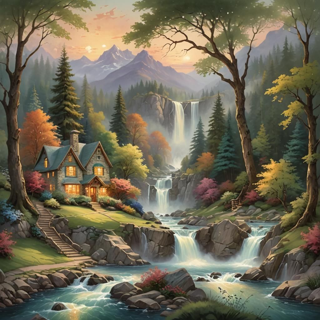 Whimsical Waterfall Landscape Painting in Impressionist Styl...