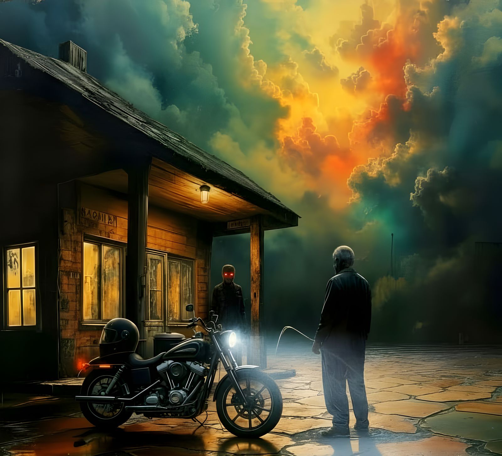 Impressionist Gas Station Horror Scene in Oil