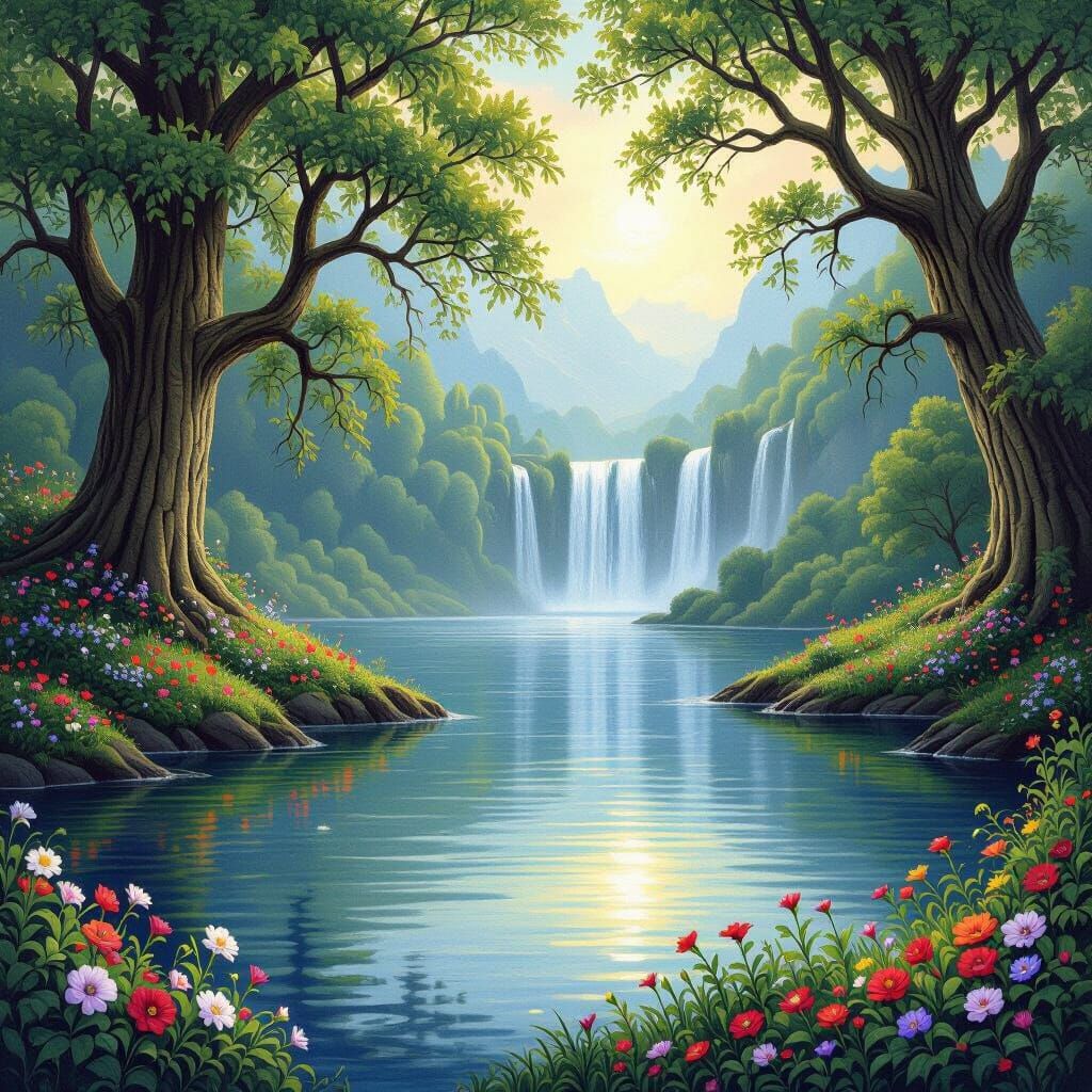 Enchanted Lake with Waterfall in a Fantasy Style