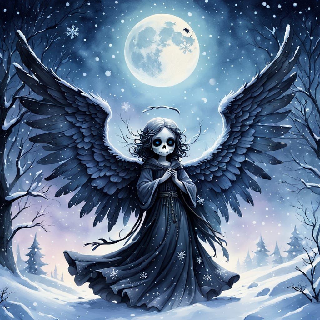 Whimsical Angel of Death in Snowy Wonderland