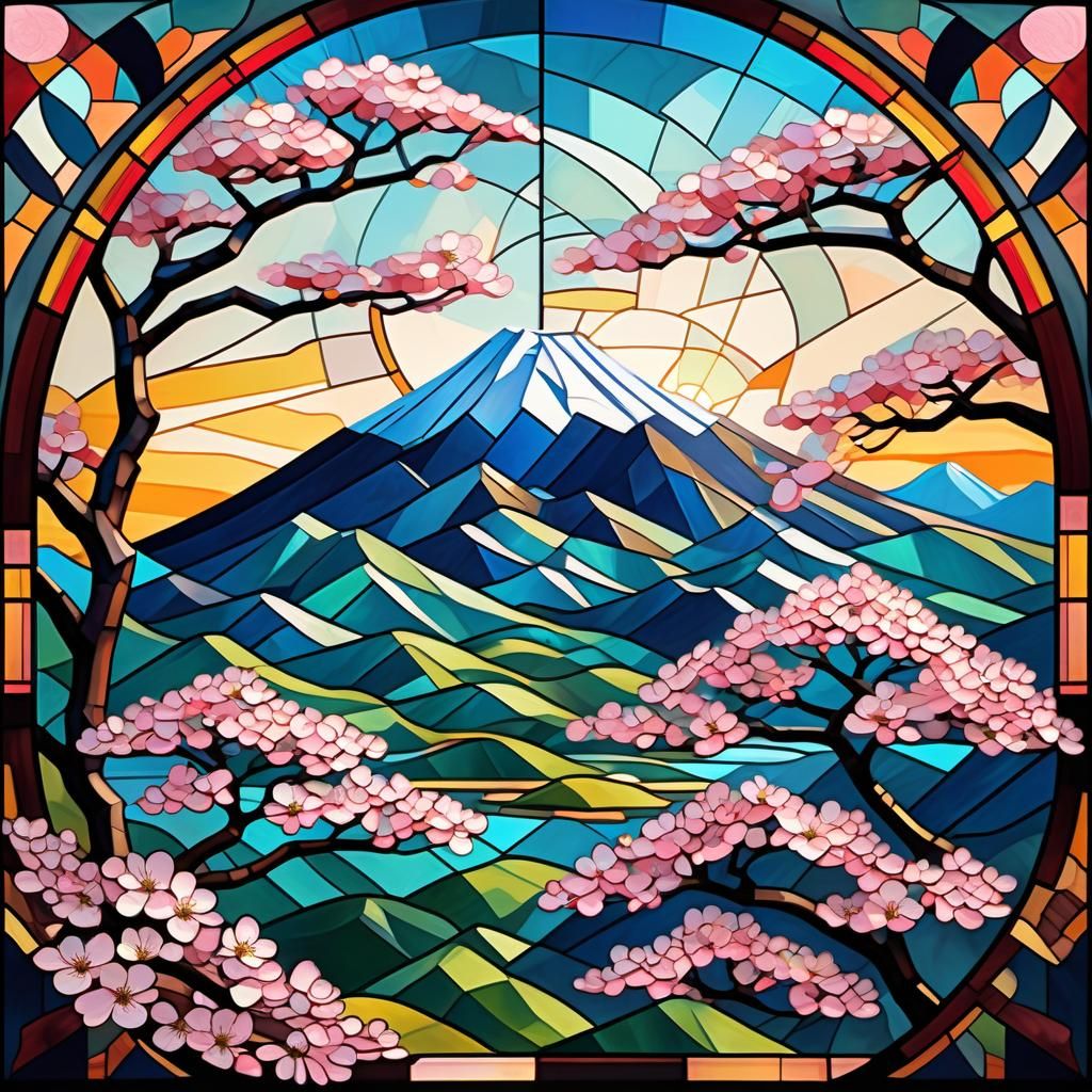 Stained Glass Japanese Cherry Blossom in Cubist Style