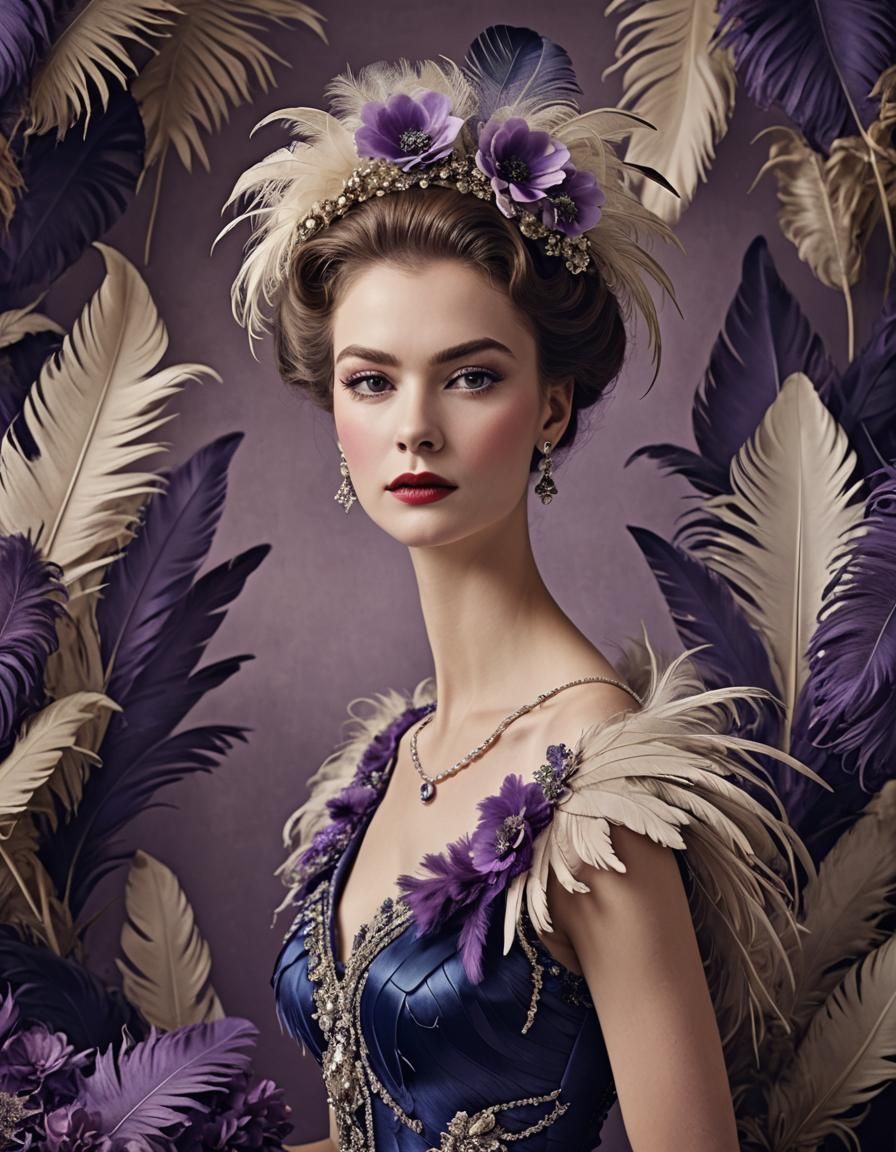 Elegant Vintage Portrait with Feathers and Jewels