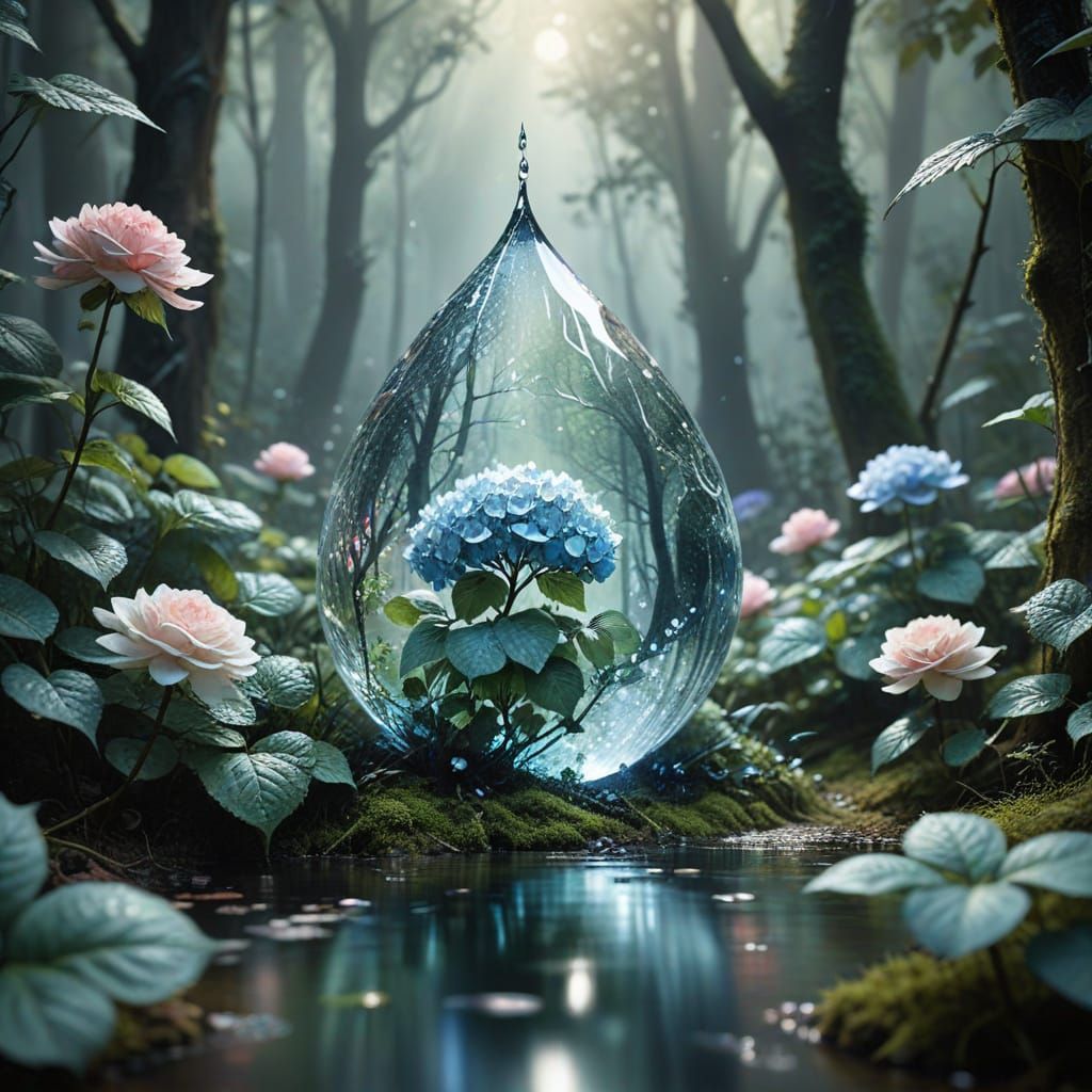 Crystal Water Drop Garden in Hazy Forest
