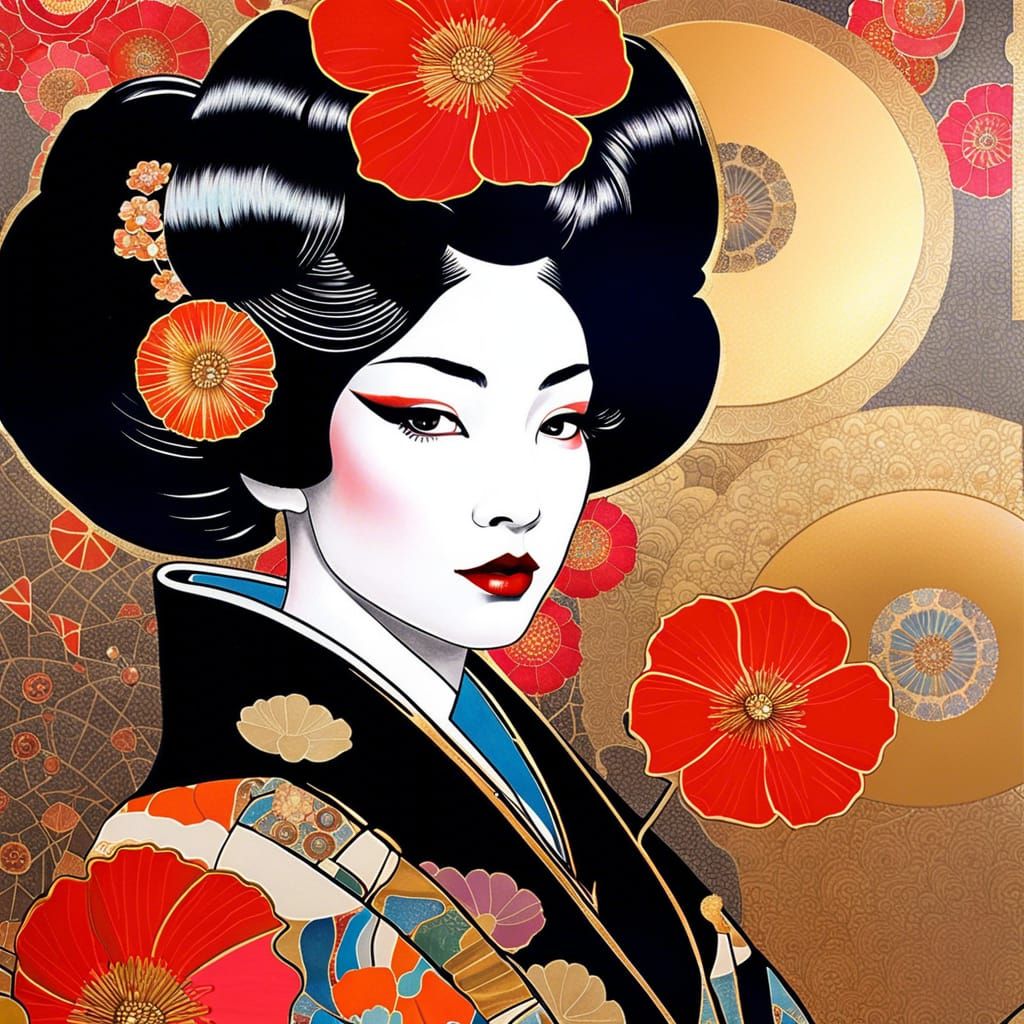 Geisha Girl with Poppies in Scrapbook Collage Style