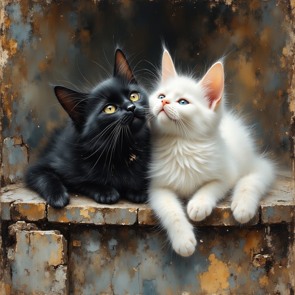 Playful Black and White Cats in Digital Oil Painting