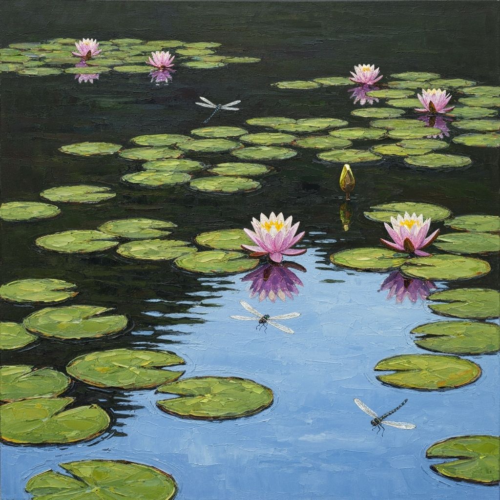 Peaceful Pond with Dragonflies, Impasto Oil Painting