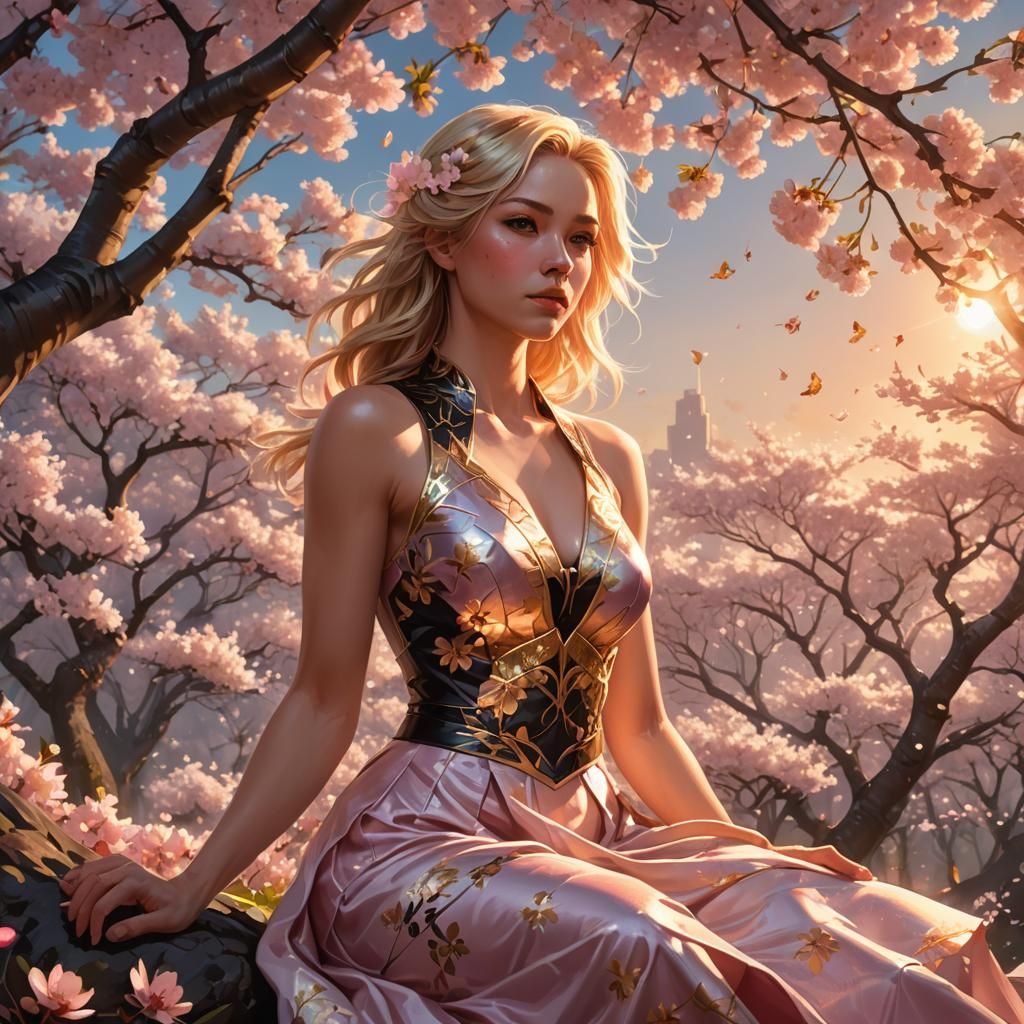 Woman in Cherry Blossoms: Fantasy Concept Art