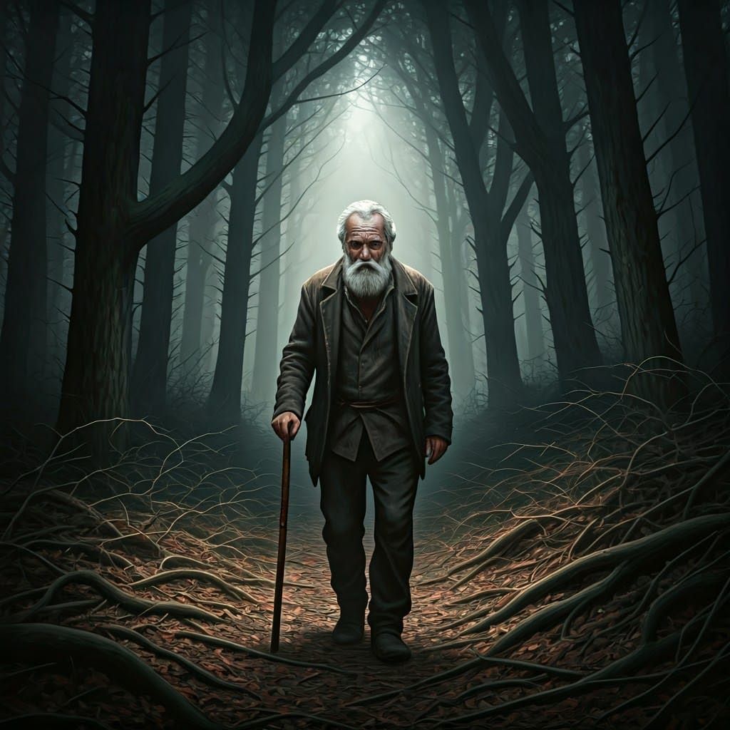 Distressed Traveler in Misty Forest