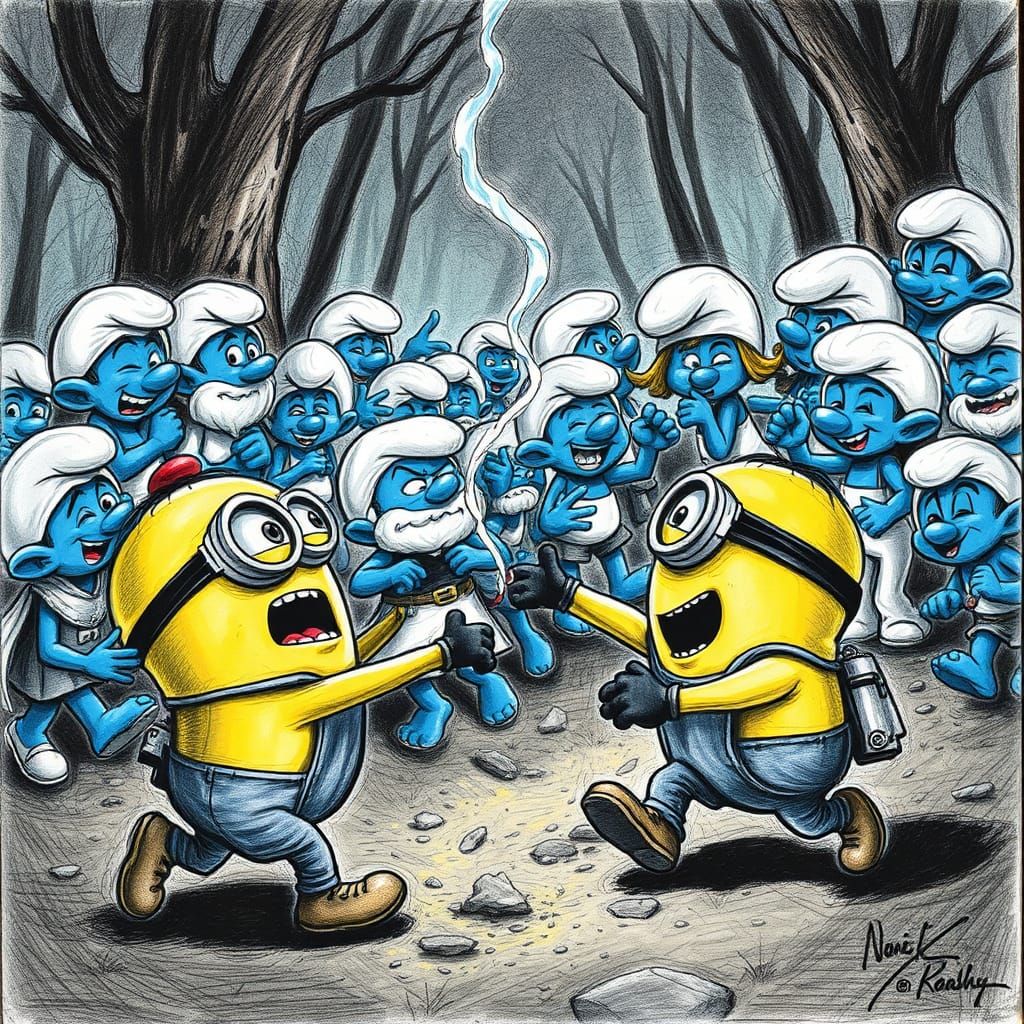 Minions Versus Smurfs in Pointillistic Battle