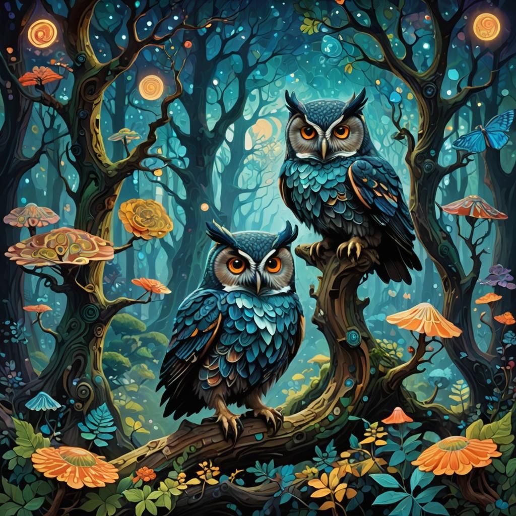 cubism art, cubist, fractals, dwarf+owl