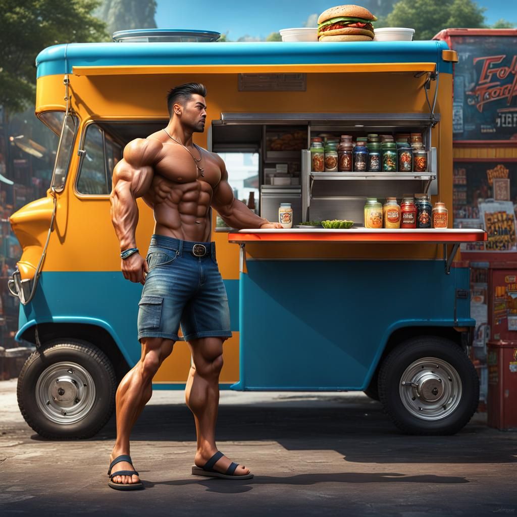 Muscular Man at Food Truck: Detailed Digital Painting