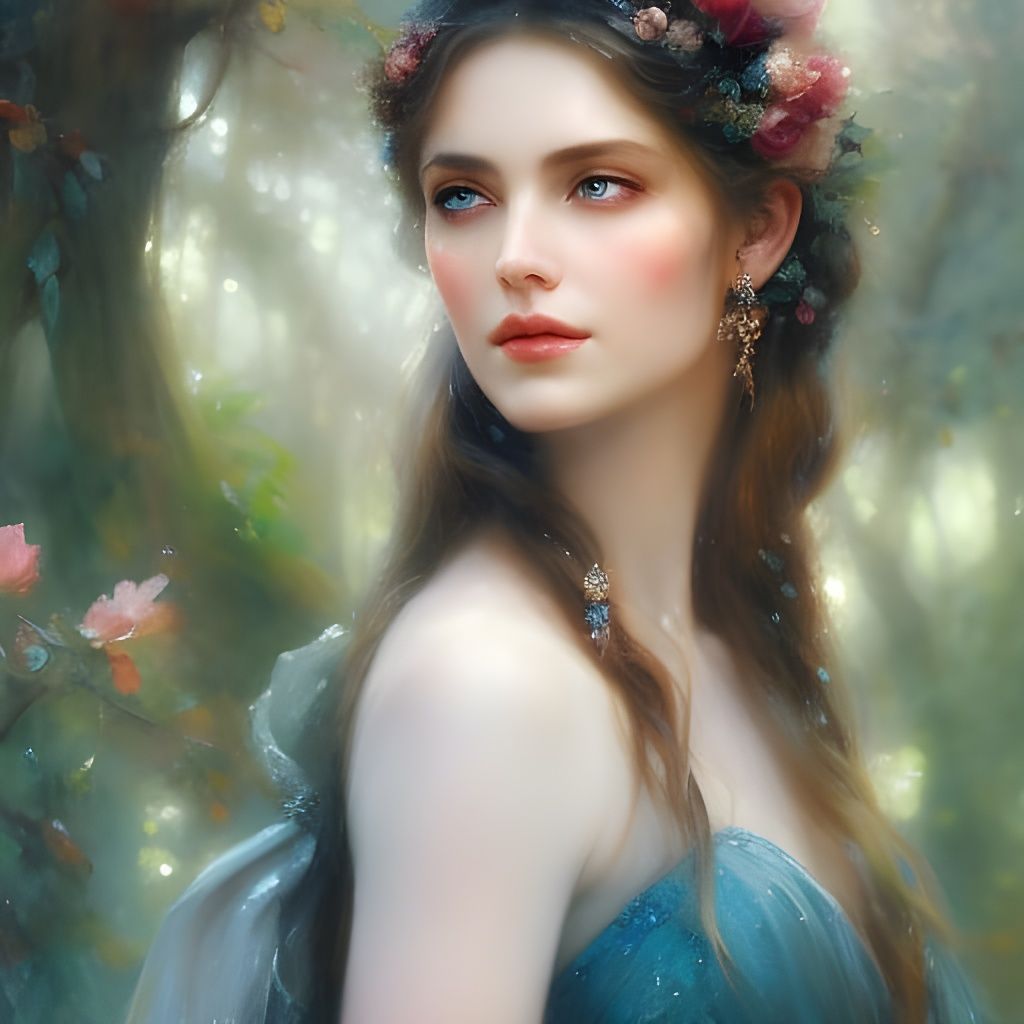 Elven Beauty in Rose Bath, Art Nouveau Portrait