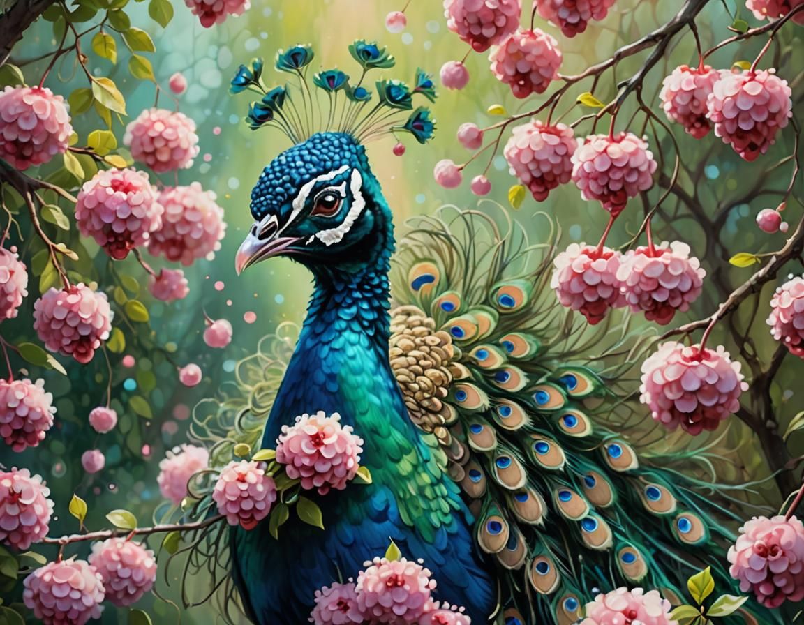 Cartoon Peacock Eating Berries in Airbrushed Oil Painting