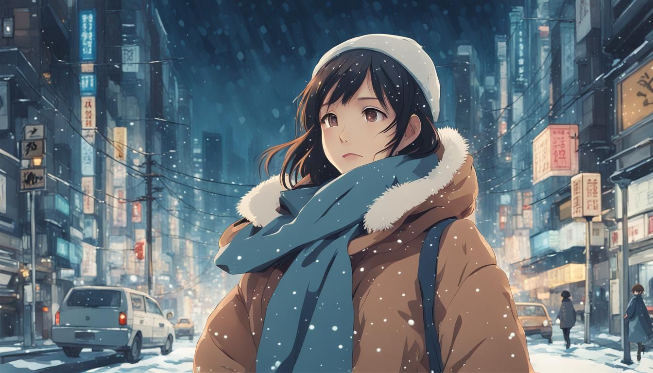 Girl in Winter Tokyo Night: Shinkai Anime Style