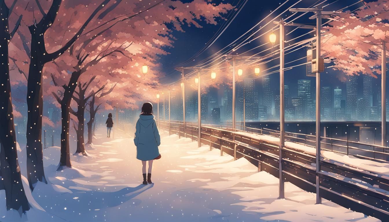 Girl in Winter Tokyo Night, Anime Style