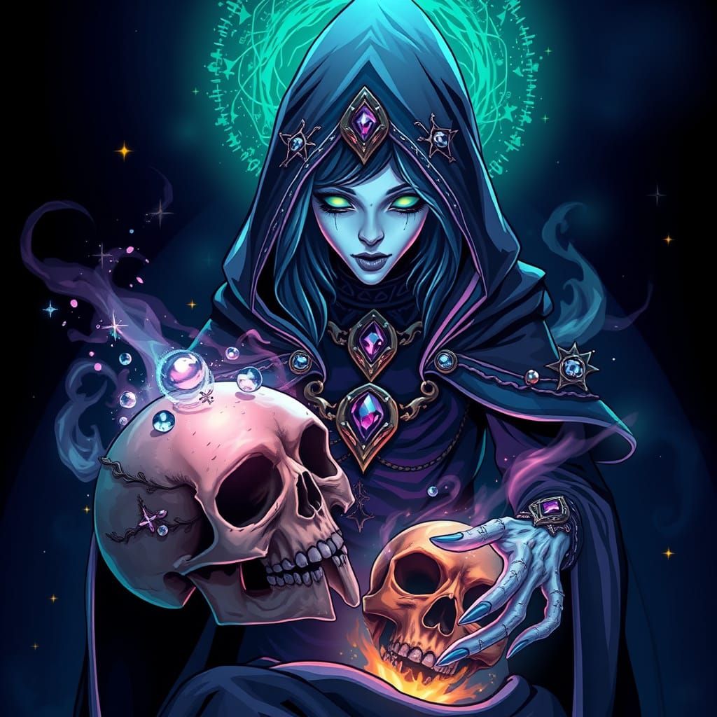 Enigmatic Necromancer Spirit Casts Spell on Ancient Skull