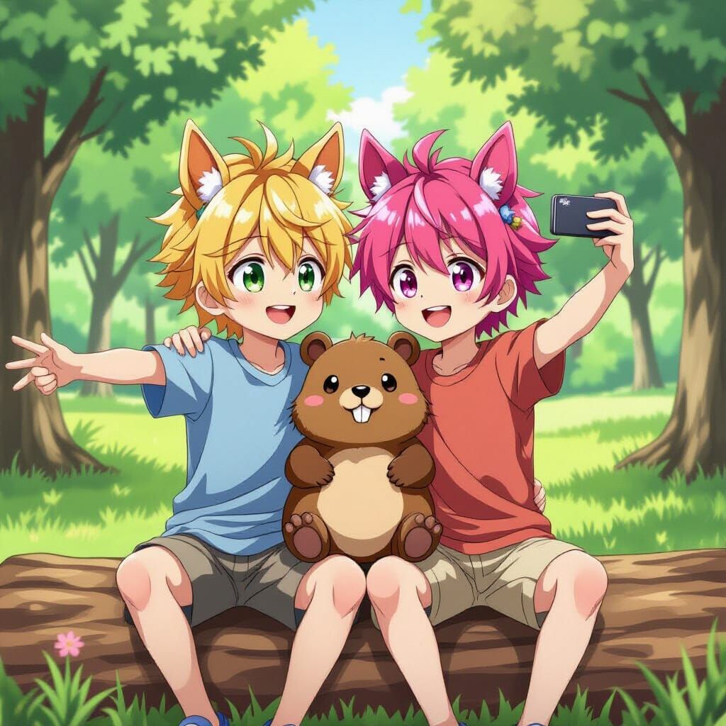Anime Boys with Horse Ears Hugging Beaver, Taking Selfies