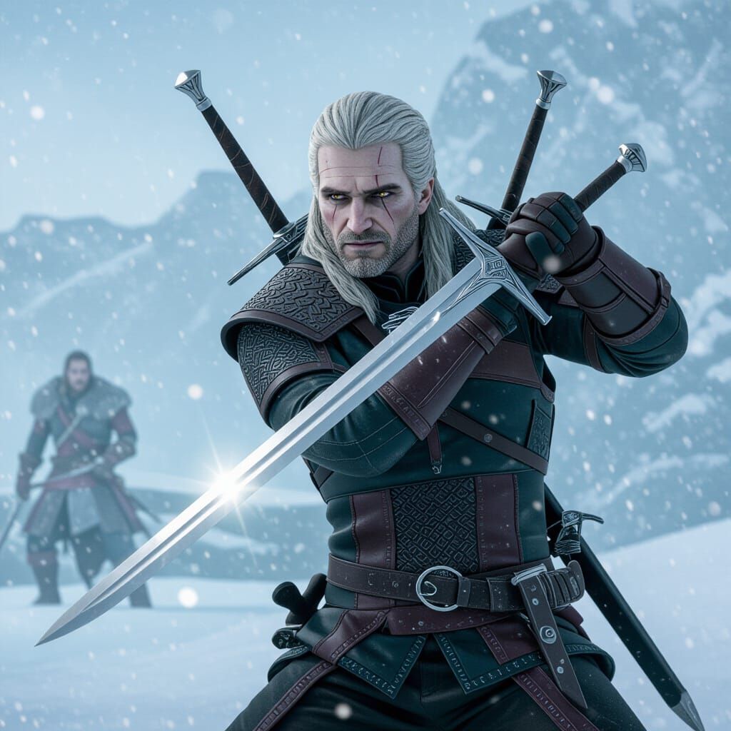 Geralt of Rivia Grabbing Sword Reflecting Snowy World