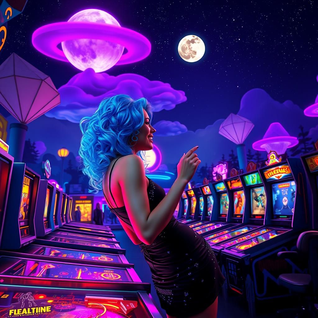 Woman in Neon Arcade, Retro-Futuristic Matte Painting