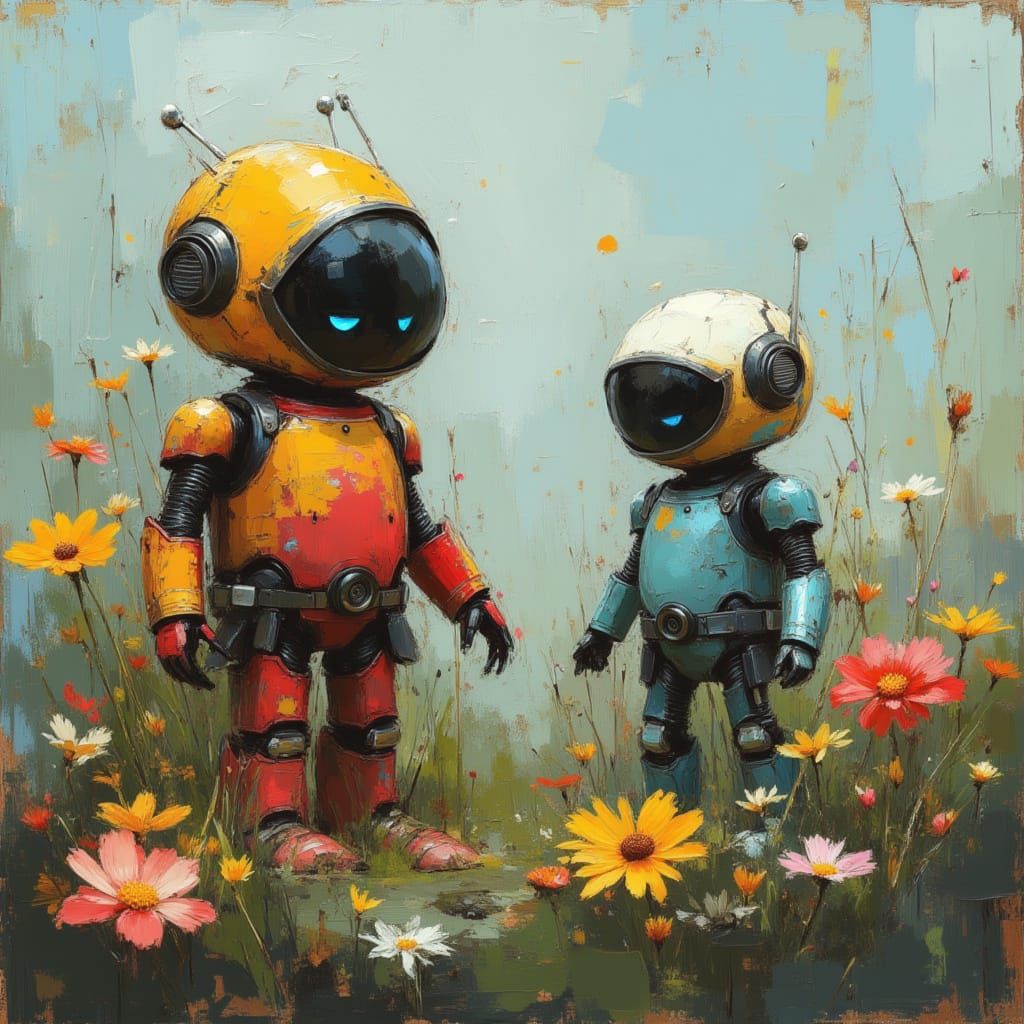 Cute Robots in a Flower Garden