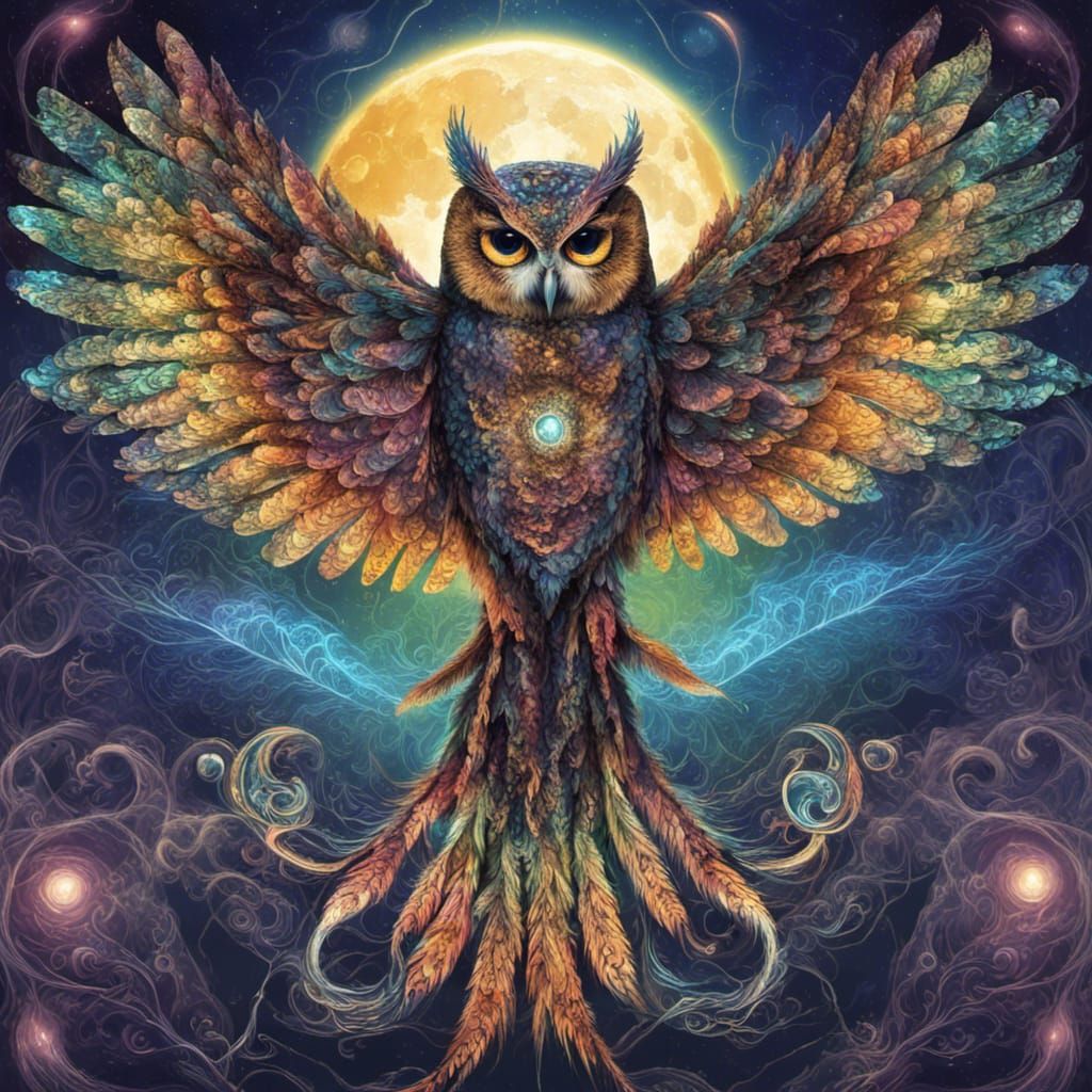 Bioluminescent Fractal Serpent Owl Under Moonlight