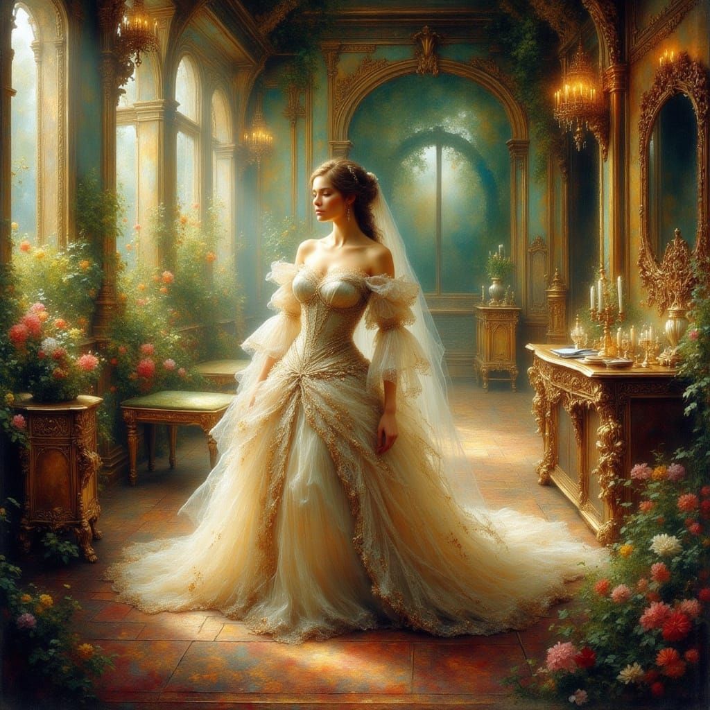 Fantasy Princess in Lavish Room, Antique Watercolor Style