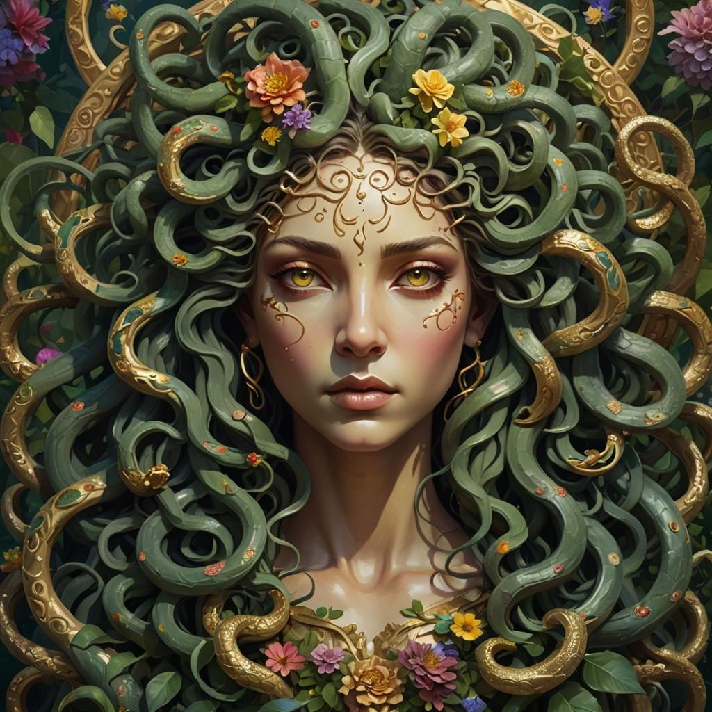 Medusa in a Vibrant, Surrealist Garden