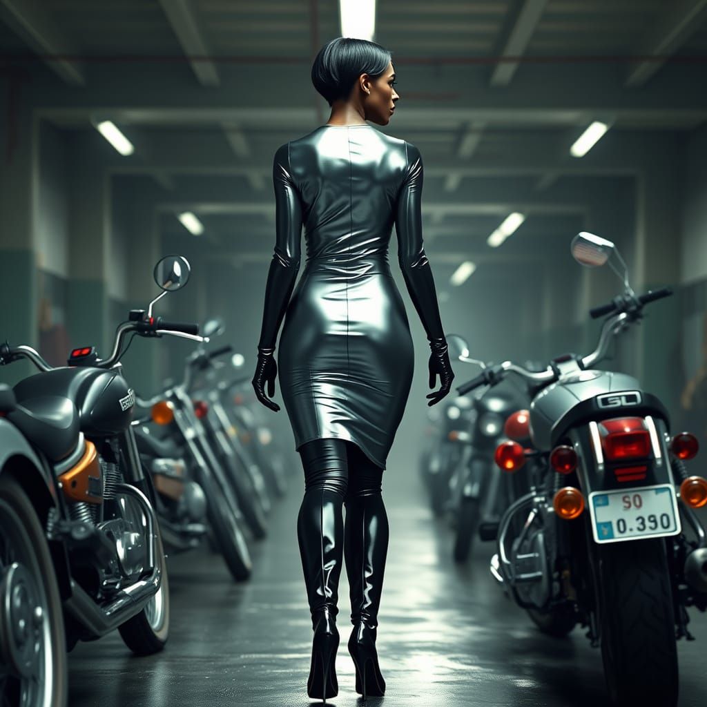 Elegant Black Woman Strolls Among Classic Motorcycles in a F...