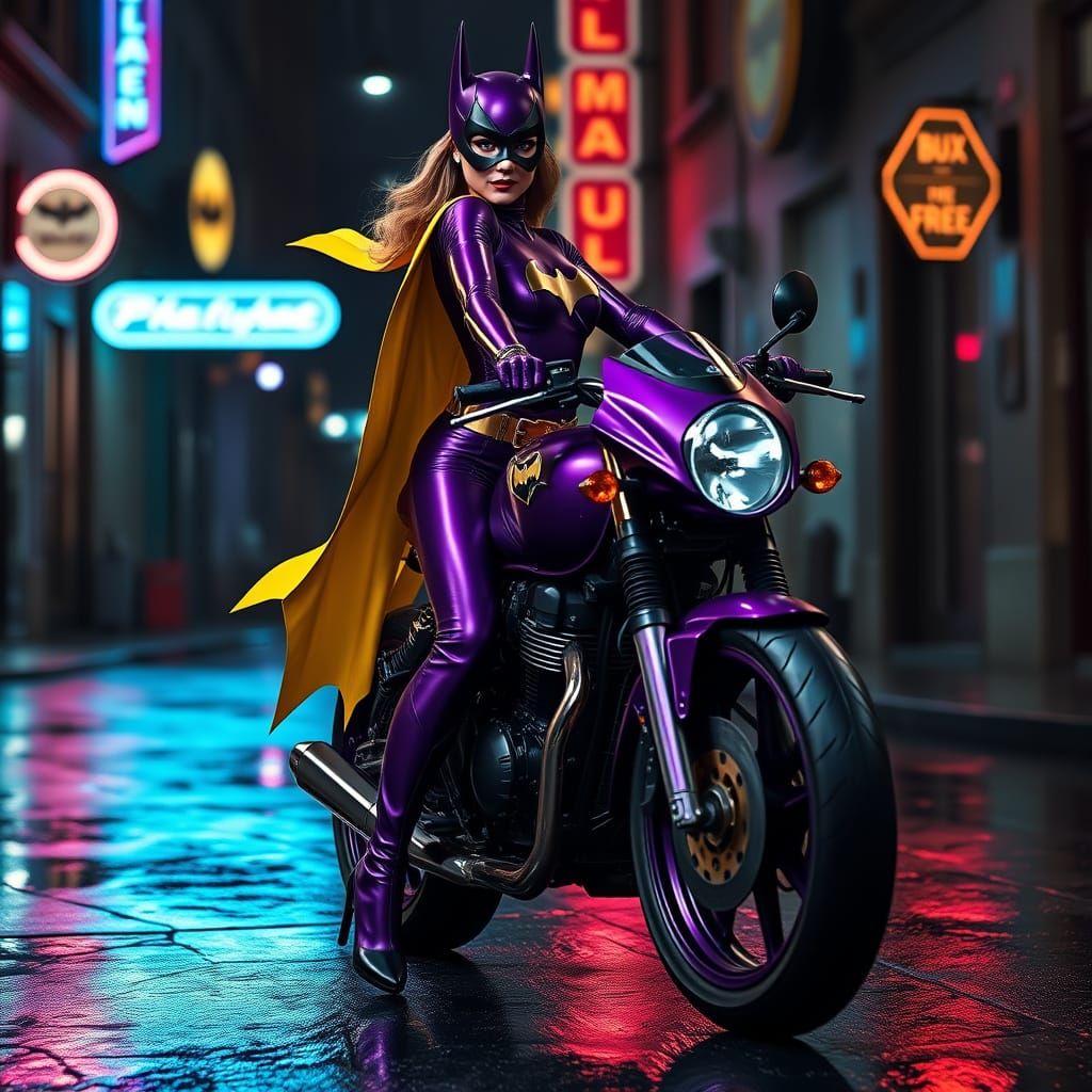 Batgirl Motorcycle Ride: Noir Superhero in Cyberpunk Style