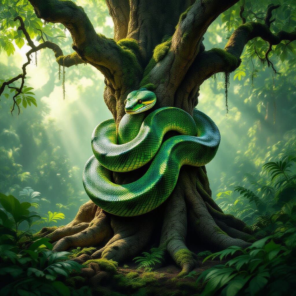 Colossal Emerald Python Coiled on Ancient Jungle Tree