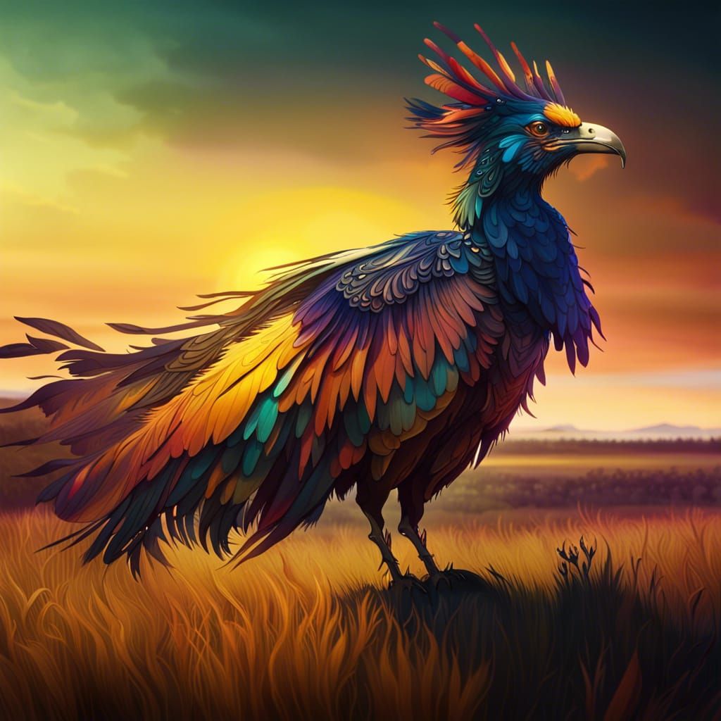 Colorful Bird in Golden Grassland: Fantasy Art