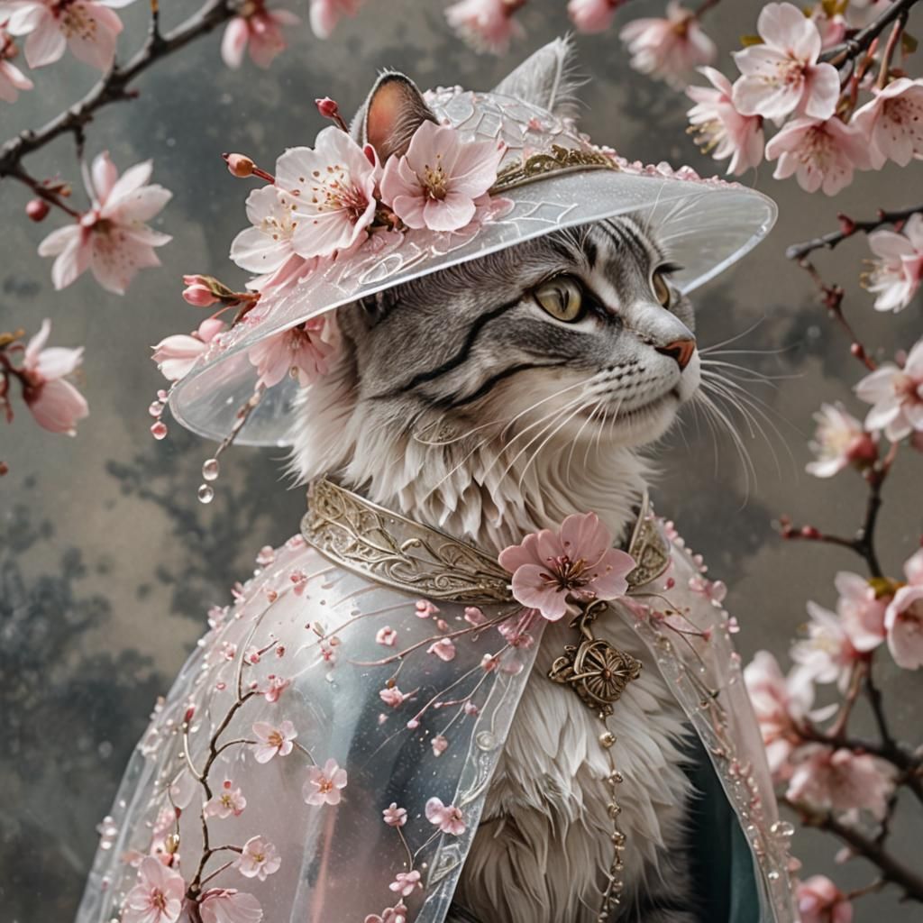 Cat in Cherry Blossom Hat: Realistic Pastel Illustration