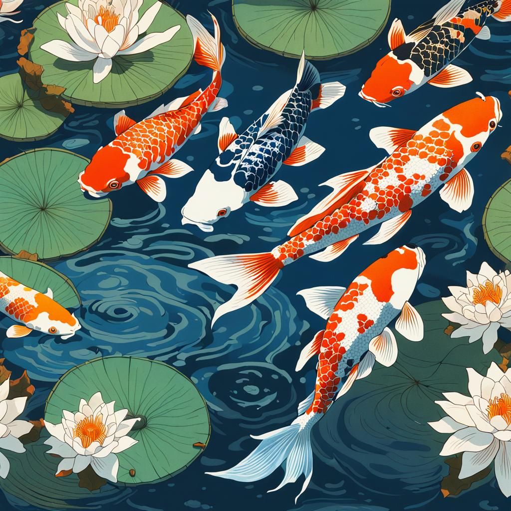 Vibrant Koi Fish in Lily Pond, Ukiyo-e Style