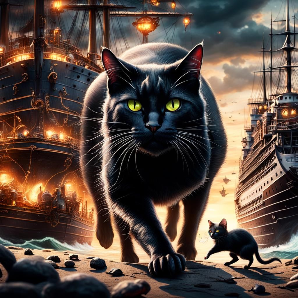 Black Cat's Chase: Shipboard Adventure in Digital Painting