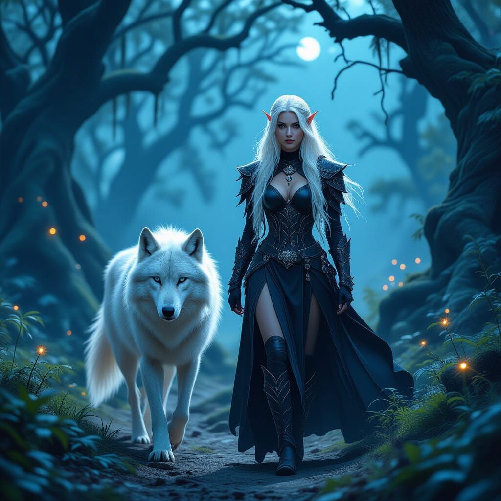 Elven Warrior and Wolf in Moonlit Forest