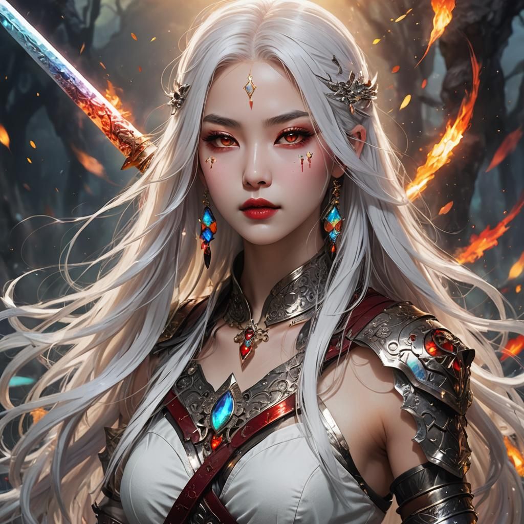 Asian Girl with Sword and Rainbow Glow