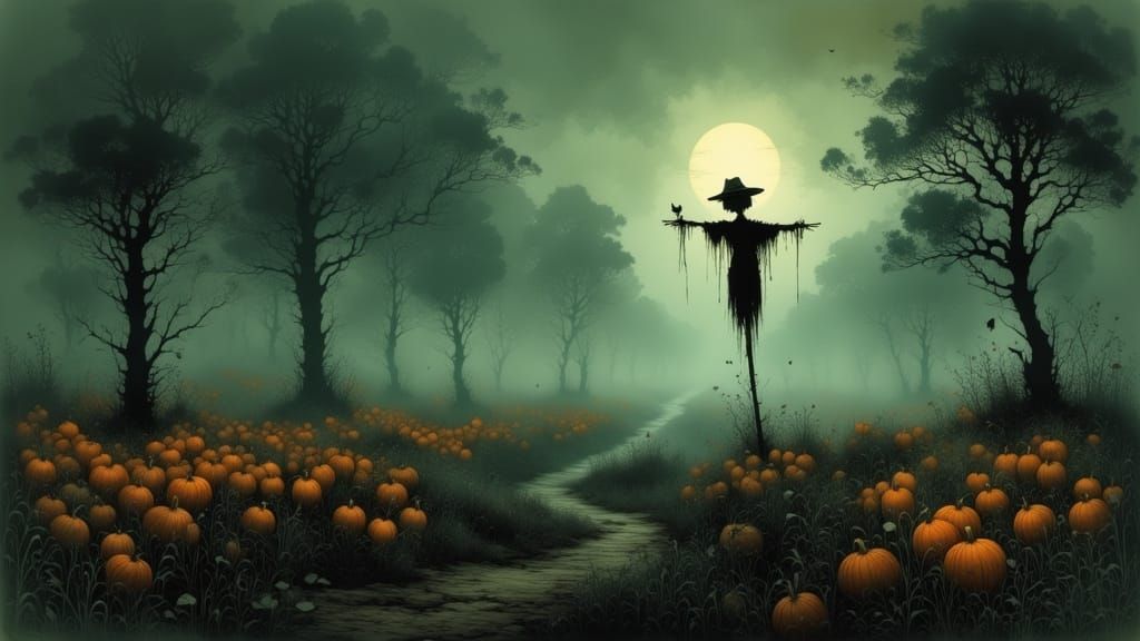 Misty Pumpkin Patch Scarecrow: Hyperrealistic Twilight Paint...