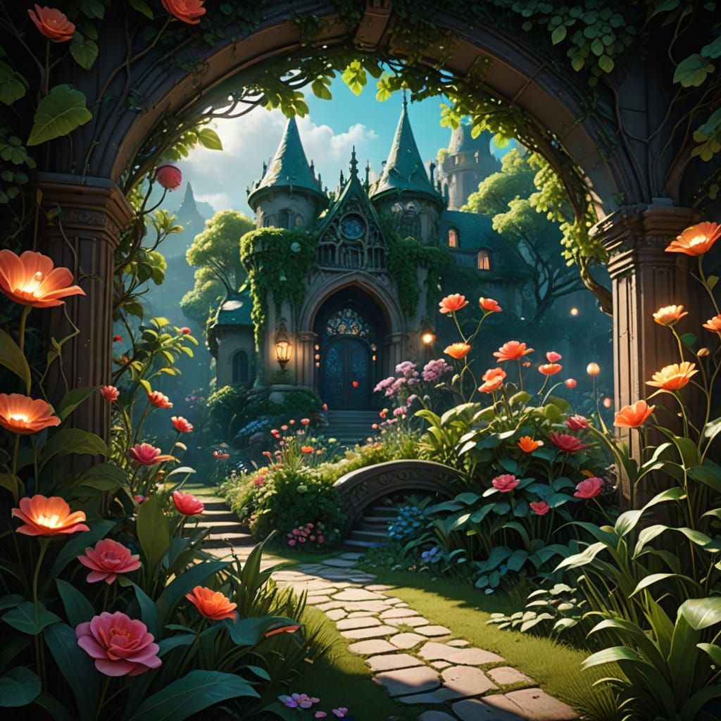 Whimsical Moonlit Garden Scene in Art Nouveau Style