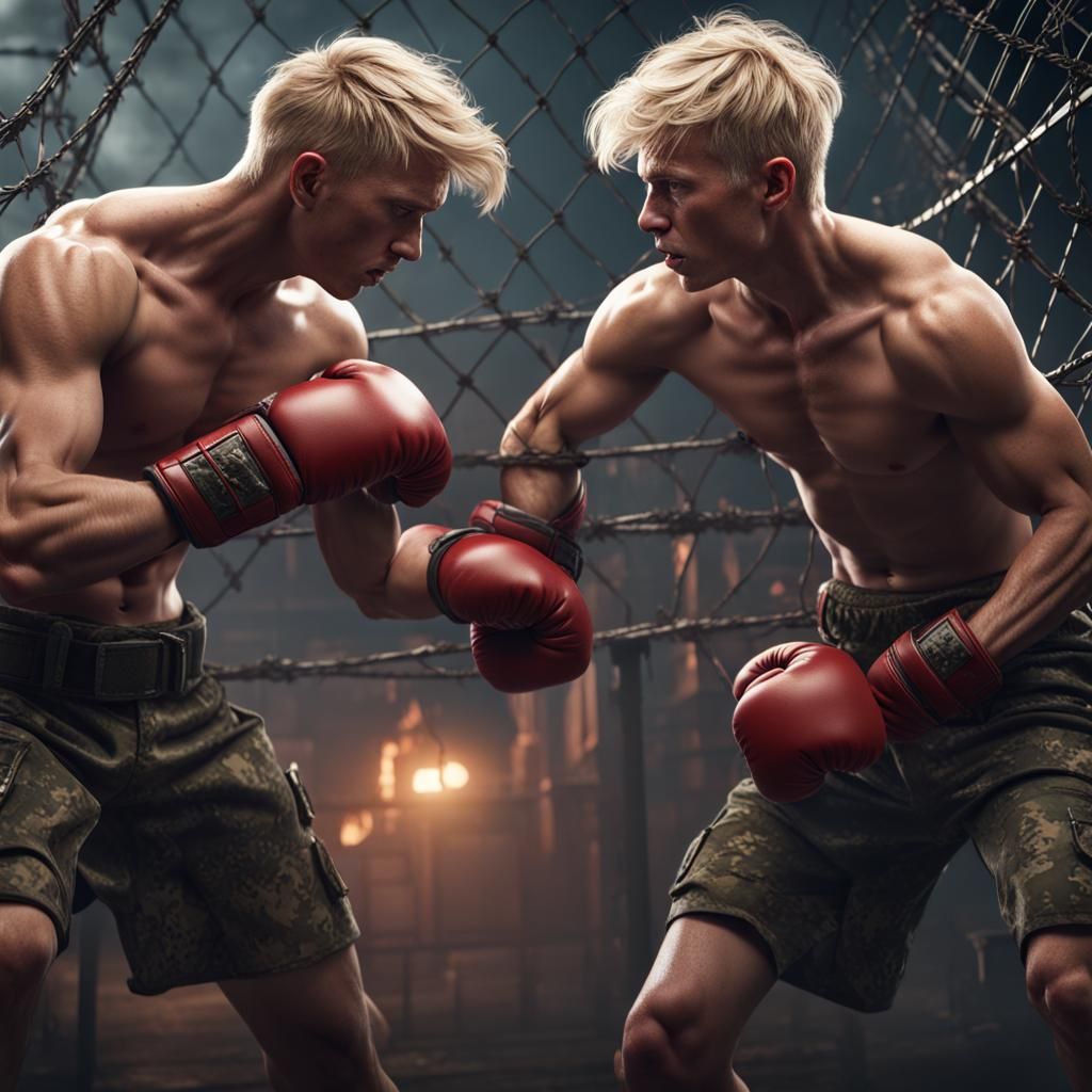 Shirtless Teenage Boxers in Barbed Wire Cage