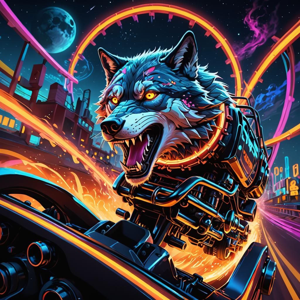 Wolf Car on Roller Coaster in Futuristic Style