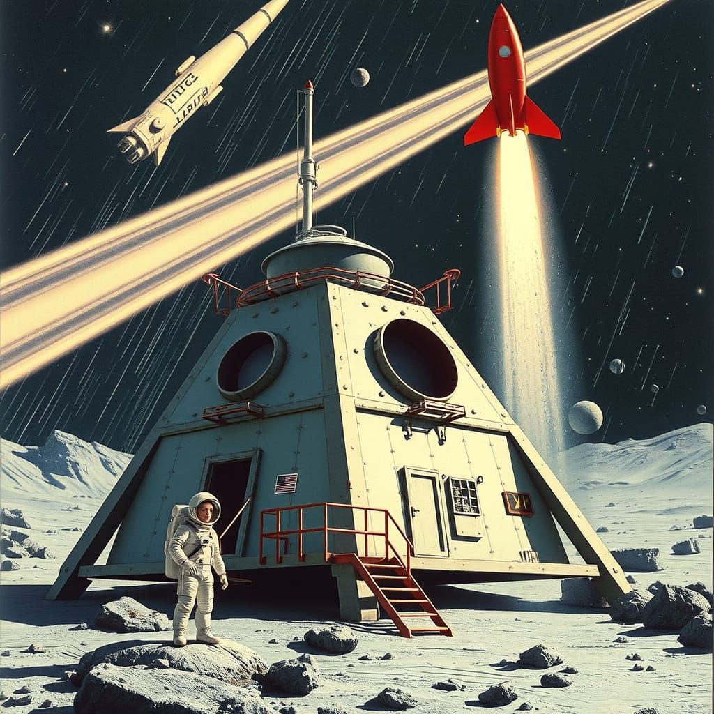 A derelict metal Moonbase Alpha from "Space:1999' as a meteor shower comes hurtling down, inches away from smashing the ...