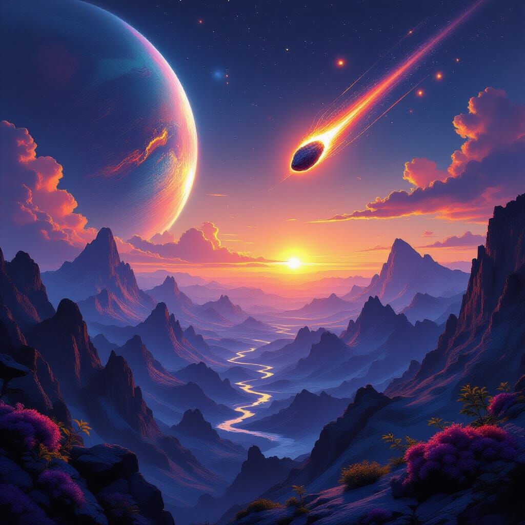 Alien Exoplanet Vista with Binary Sunset