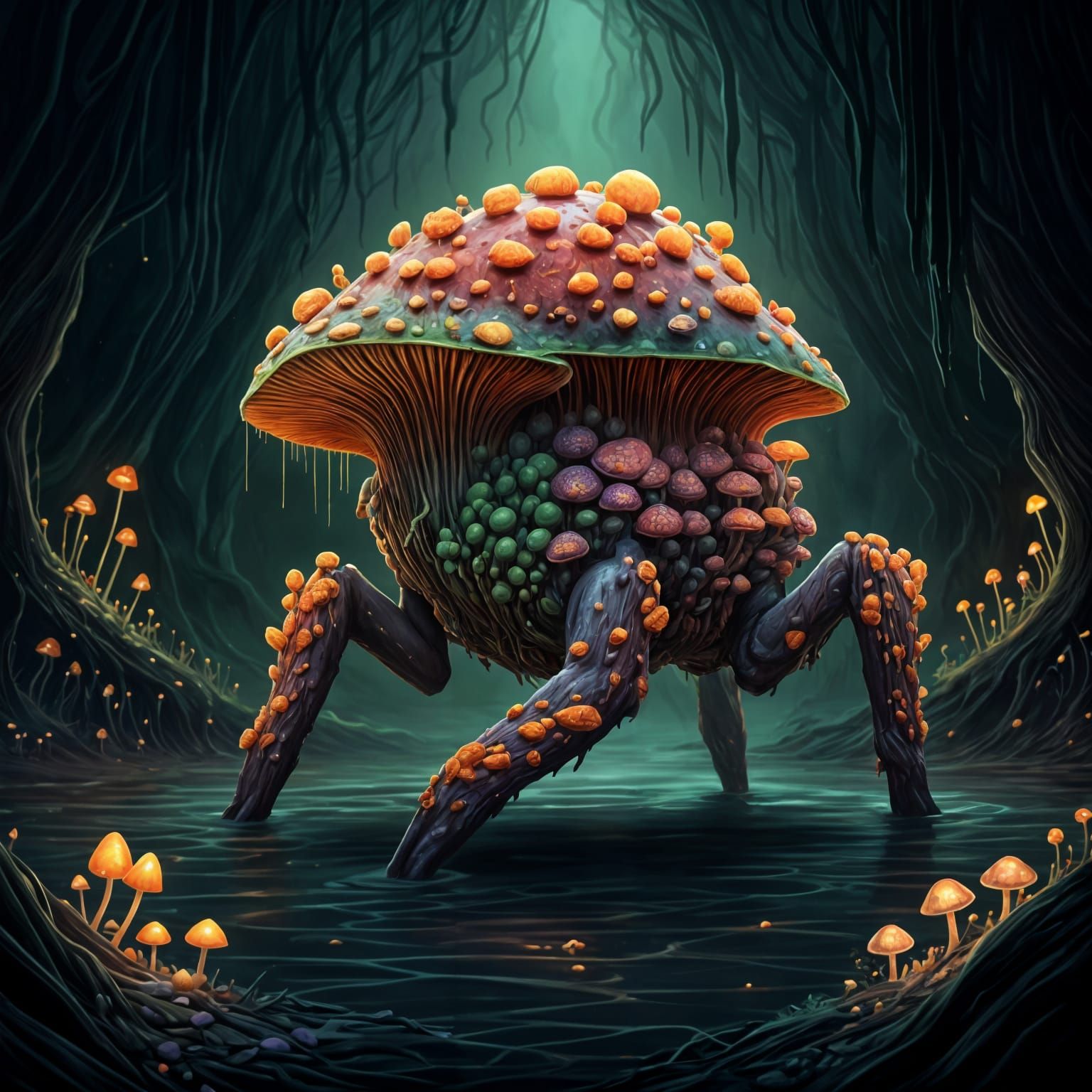 Dark Fantasy Mushroom Beast in Underground Swamp