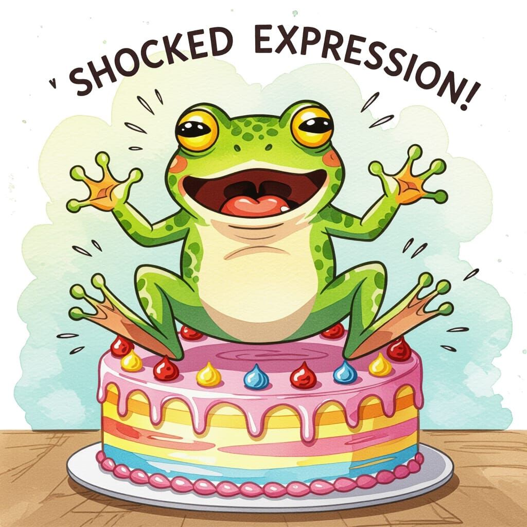 Surprised Frog Leaping From Cake in Watercolor
