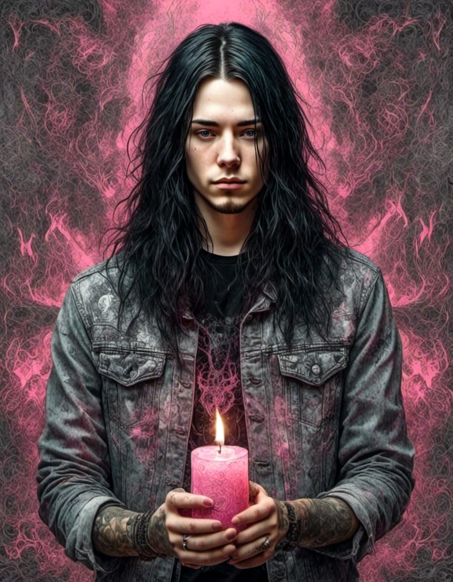 Young Man with Pink Candle, Fractal Art Background
