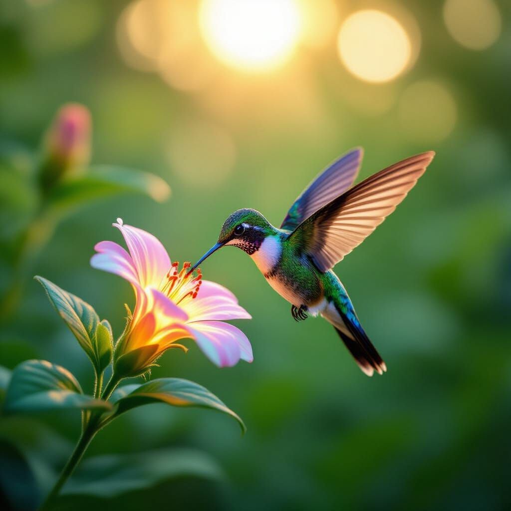 Hummingbird Sipping Nectar from Iridescent Flower