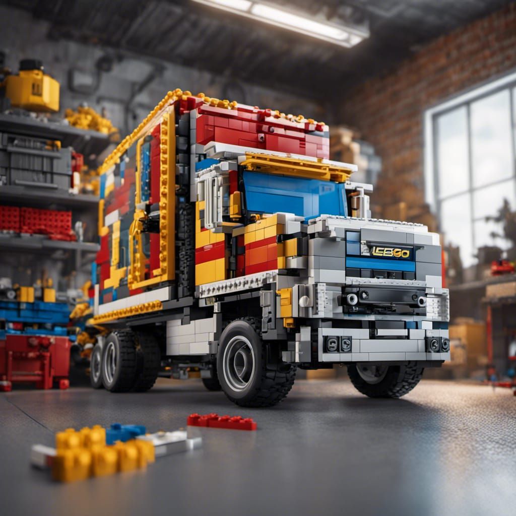 Detailed Lego Truck in Garage, 8K Render