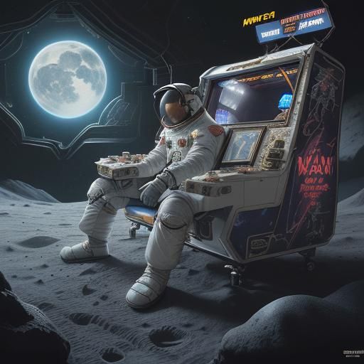 Astronaut Playing Arcade Game on the Moon