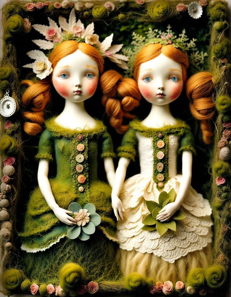 Moss Princess Twins in Mixed-Media Collage
